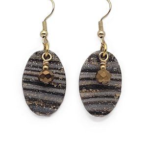 Brown, Grey, and Gold Stripe Dangle Earrings with Faceted Glass Beads Handmade